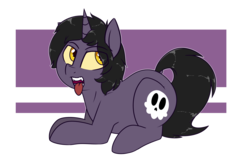 Size: 2000x1300 | Tagged: safe, artist:notenoughapples, oc, oc only, oc:skullpon, pony, unicorn, male, prone, sharp teeth, simple background, solo, stallion, teeth, tongue out, transparent background