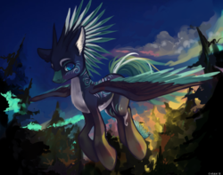Size: 1500x1180 | Tagged: safe, artist:cyrian, oc, oc only, oc:alpine apotheon, pegasus, pony, colored wings, colored wingtips, feathered mane, female, flying, mare, painting, smiling, sunset, tree, ych result