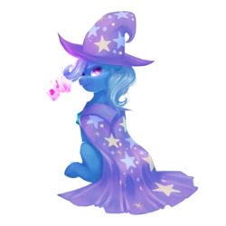 Size: 1280x1280 | Tagged: safe, artist:thefluffyvixen, trixie, pony, unicorn, g4, cape, card, clothes, commission, cutie mark, fanfic, female, hat, looking at you, looking back, looking back at you, magic, mare, simple background, sitting, solo, transparent background, trixie's cape, trixie's hat