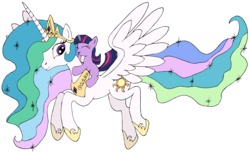 Size: 2946x1800 | Tagged: safe, artist:sparklesk, princess celestia, twilight sparkle, g4, female, filly, filly twilight sparkle, flying, happy, momlestia fuel, simple background, transparent background, younger