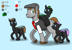 Size: 1391x966 | Tagged: safe, artist:wyntermoon, oc, oc only, oc:brushed brew, changeling, adopted offspring, brown changeling, clothes, colt, female, filly, flatcap, foal, formal wear, green changeling, male, necktie, pink changeling, reference sheet, stallion, tongue out, transparent wings, waistcoat