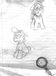 Size: 2100x2872 | Tagged: safe, artist:binkyt11, derpibooru exclusive, oc, oc only, oc:eileen hunt, earth pony, pony, chibi, cutie mark, disguise, female, high res, lined paper, mare, monochrome, scared, solo, traditional art