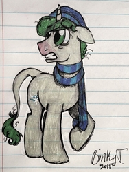 Size: 1904x2538 | Tagged: safe, artist:binkyt11, derpibooru exclusive, oc, oc only, oc:gusty breeze, pony, unicorn, beanie, clothes, hat, leonine tail, lined paper, male, pen drawing, raised hoof, red nosed, scarf, sick, solo, stallion, traditional art