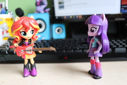 Size: 6000x4000 | Tagged: safe, artist:artofmagicpoland, sunset shimmer, twilight sparkle, alicorn, equestria girls, g4, doll, equestria girls minis, female, guitar, irl, looking at each other, photo, toy, twilight sparkle (alicorn)