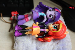 Size: 6000x4000 | Tagged: safe, artist:artofmagicpoland, derpibooru exclusive, sunset shimmer, twilight sparkle, equestria girls, g4, doll, equestria girls minis, female, lesbian, looking at each other, ship:sunsetsparkle, shipping, toy
