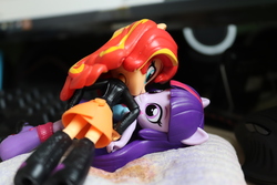 Size: 6000x4000 | Tagged: safe, artist:artofmagicpoland, derpibooru exclusive, sunset shimmer, twilight sparkle, equestria girls, g4, doll, equestria girls minis, female, kissing, lesbian, pillow, ship:sunsetsparkle, shipping, toy