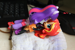 Size: 6000x4000 | Tagged: safe, artist:artofmagicpoland, derpibooru exclusive, sunset shimmer, twilight sparkle, equestria girls, g4, doll, equestria girls minis, female, guitar, imminent sex, lesbian, looking at each other, ship:sunsetsparkle, shipping, toy