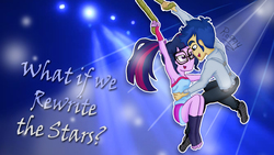 Size: 3009x1693 | Tagged: safe, artist:ro994, flash sentry, sci-twi, twilight sparkle, equestria girls, g4, my little pony equestria girls: better together, armpits, female, glasses, male, rewrite the stars, ship:flashlight, ship:sci-flash, shipping, smiling, spotlight, straight, the greatest showman, wallpaper