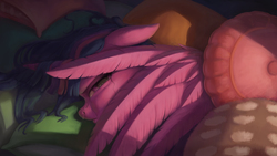 Size: 3556x2000 | Tagged: safe, artist:starblaze25, twilight sparkle, alicorn, pony, g4, school daze, bed, crying, feather, female, high res, looking at you, mare, pillow, scene interpretation, snot, solo, twilight sparkle (alicorn)