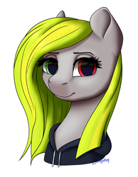 Size: 1948x2516 | Tagged: safe, artist:deltahedgehog, oc, oc only, pony, bust, clothes, heterochromia, hoodie, looking at you, portrait, simple background, smiling, solo, white background