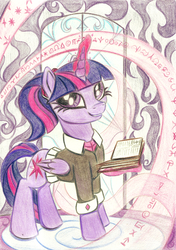 Size: 1053x1500 | Tagged: safe, artist:pedrohander, twilight sparkle, alicorn, pony, g4, alternate hairstyle, book, clothes, female, glowing horn, hair accessory, horn, looking at you, magic, mare, ponytail, smiling, solo, spellbook, telekinesis, traditional art, twilight sparkle (alicorn)