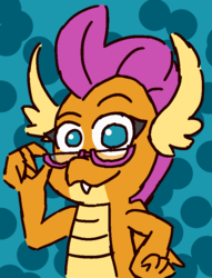 Size: 666x870 | Tagged: safe, artist:threetwotwo32232, smolder, dragon, g4, school daze, 30 minute art challenge, abstract background, claws, dragon wings, dragoness, fangs, female, glasses, looking at you, solo, wings