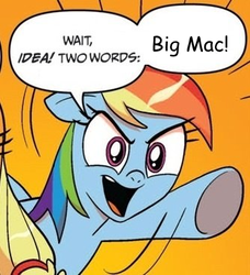 Size: 334x366 | Tagged: safe, idw, applejack, big macintosh, rainbow dash, g4, exploitable meme, mcdonald's, meme, tugs, two words meme