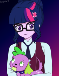 Size: 700x900 | Tagged: safe, artist:electricshine, sci-twi, spike, spike the regular dog, twilight sparkle, dog, equestria girls, g4, my little pony equestria girls: friendship games, clothes, crying, crystal prep academy uniform, female, glasses, looking at you, male, necktie, outfit, school uniform, worried