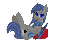 Size: 2000x1500 | Tagged: safe, artist:keupoz, oc, oc only, oc:midnight feathers, bat pony, bat pony oc, clothes, lying, pillow, scarf, simple background, tongue out, transparent background