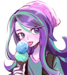 Size: 800x900 | Tagged: safe, artist:quizia, starlight glimmer, equestria girls, equestria girls specials, g4, mirror magic, beanie, cute, female, food, glimmerbetes, hat, ice cream, ice cream cone, looking at you, simple background, solo, that human sure does love ice cream, that pony sure does love ice cream, tongue out, two scoops, white background