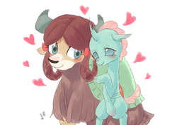 Size: 1000x707 | Tagged: safe, artist:yanamosuda, ocellus, yona, changedling, changeling, yak, g4, school daze, blushing, cute, diaocelles, duo, duo female, female, heart, larger female, lesbian, monkey swings, ship:yonellus, shipping, simple background, size difference, smaller female, sweet dreams fuel, white background, yonadorable