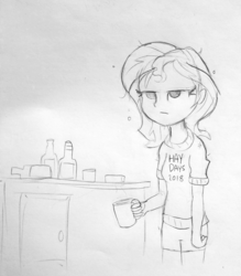 Size: 1339x1528 | Tagged: safe, artist:tjpones, sunset shimmer, equestria girls, g4, bed hair, black and white, bottle, coffee, female, grayscale, lineart, monochrome, mug, simple background, traditional art