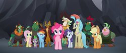 Size: 1777x744 | Tagged: safe, screencap, applejack, boyle, capper dapperpaws, captain celaeno, fluttershy, lix spittle, mullet (g4), pinkie pie, princess skystar, rainbow dash, rarity, spike, squabble, abyssinian, cat, classical hippogriff, earth pony, hippogriff, parrot pirates, pegasus, pony, unicorn, anthro, digitigrade anthro, g4, my little pony: the movie, amputee, anthro with ponies, beach, happy, peg leg, pirate, prosthetic beak, prosthetic leg, prosthetic limb, prosthetics, smiling, spoon