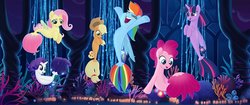 Size: 1777x744 | Tagged: safe, screencap, applejack, fluttershy, pinkie pie, rainbow dash, rarity, twilight sparkle, alicorn, seapony (g4), g4, my little pony: the movie, coral, female, happy, hat, hoof in air, laughing, mane six, seaponified, seapony applejack, seapony fluttershy, seapony pinkie pie, seapony rainbow dash, seapony rarity, seapony twilight, seaquestria, species swap, twilight sparkle (alicorn), underwater, water