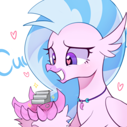Size: 1024x1024 | Tagged: safe, artist:maren, silverstream, classical hippogriff, hippogriff, g4, school daze, bust, cute, dialogue, diastreamies, female, heart, heart eyes, keychain, simple background, smiling, solo, sparkles, stairs, that hippogriff sure does love stairs, white background, wingding eyes