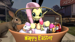 Size: 3840x2160 | Tagged: safe, artist:mendrick94, apple bloom, fluttershy, scootaloo, sweetie belle, earth pony, human, pegasus, pony, rabbit, unicorn, g4, 3d, bunny suit, clothes, crossover, cutie mark crusaders, doctor eggman, easter, egg, high res, holiday, male, sonic the hedgehog, sonic the hedgehog (series), source filmmaker