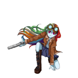 Size: 1490x1482 | Tagged: safe, artist:whiskyice, rainbow dash, human, equestria girls, g4, badass, boots, clothes, compression shorts, cute, goggles, gun, handgun, humanized, jacket, looking at you, pistol, pleated skirt, shoes, shorts, simple background, skirt, superhero landing, transparent background, weapon