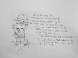 Size: 1920x1440 | Tagged: safe, artist:tjpones, earth pony, pony, campfire, dialogue, female, helmet, henry v, lineart, mare, monochrome, scrunchie, simple background, sketch, solo, sword, traditional art, weapon, william shakespeare