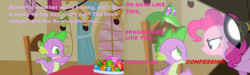 Size: 2018x604 | Tagged: safe, edit, edited screencap, screencap, gummy, pinkie pie, spike, g4, party of one, chair, confess, curtains, gem, interrogation, lamp, quotes, table, tongue out, undertale, window