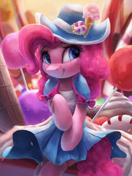 Size: 2250x3000 | Tagged: safe, artist:vanillaghosties, pinkie pie, earth pony, pony, g4, candy, clothes, coronation dress, cute, diapinkes, dress, female, food, hat, high res, mare, smiling, solo