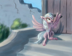 Size: 1029x803 | Tagged: safe, artist:el-yeguero, silverstream, classical hippogriff, hippogriff, g4, school daze, female, smiling, solo, stairs, that hippogriff sure does love stairs