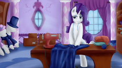 Size: 1920x1080 | Tagged: safe, artist:taggerung, rarity, pony, g4, bedroom eyes, crepuscular rays, fabric, female, ponyquin, sewing, sewing machine, solo