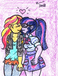 Size: 2064x2731 | Tagged: safe, artist:xxgreenninjachickxx, sci-twi, sunset shimmer, twilight sparkle, equestria girls, g4, my little pony equestria girls: better together, eyes closed, female, heart, high res, holding hands, kissing, lesbian, ship:sci-twishimmer, ship:sunsetsparkle, shipping, traditional art