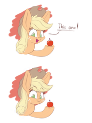Size: 1500x2000 | Tagged: safe, artist:heir-of-rick, applejack, earth pony, pony, g4, apple, ask, bust, comic, cowboy hat, cute, description is relevant, dialogue, female, food, hat, hoof hold, jackabetes, long ears, looking at you, mare, simple background, smiling, solo, that pony sure does love apples, tumblr, white background
