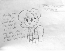 Size: 1817x1440 | Tagged: safe, artist:tjpones, oc, oc only, oc:brownie bun, earth pony, pony, horse wife, cheek fluff, clothes, dialogue, ear fluff, female, grayscale, lineart, mare, monochrome, solo, text, traditional art, watch