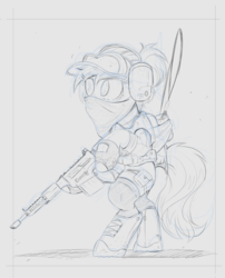 Size: 1500x1855 | Tagged: safe, artist:ncmares, pony, bandana, belt, bipedal, boots, clothes, female, ghost recon wildlands, goggles, gun, hat, hoof hold, mare, monochrome, rifle, shoes, simple background, sketch, tom clancy's ghost recon wildlands, utility belt, weapon, wildlands