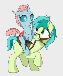 Size: 909x1080 | Tagged: safe, artist:foal, ocellus, sandbar, changedling, changeling, earth pony, pony, g4, school daze, bridle, changelings riding ponies, cute, diaocelles, duo, female, gray background, horses doing horse things, male, ocellus riding sandbar, raised hoof, reins, riding, saddle, sandabetes, ship:ocelbar, shipping, simple background, stallion, straight, tack