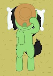 Size: 1624x2318 | Tagged: safe, artist:craftycirclepony, oc, oc only, oc:filly anon, pony, applejack's hat, covering face, cowboy hat, female, filly, from above, hat, hat over eyes, hat tip, hay, hoof on chest, lying down, on back, pillow, raised leg, resting, smiling, solo, stetson