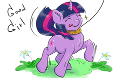 Size: 2300x1440 | Tagged: safe, artist:kittytitikitty, twilight sparkle, pony, unicorn, g4, collar, colored, cute, explicit source, eyes closed, female, good girl, leash, mare, pettwi, pony pet, simple background, speech, tongue out, twiabetes, twilight cat, unicorn twilight, white background