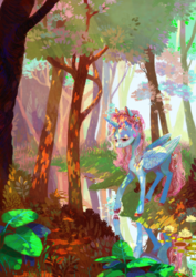Size: 800x1132 | Tagged: safe, artist:wolfiedrawie, oc, oc only, alicorn, pony, alicorn oc, color porn, creek, crepuscular rays, female, flower, flower in hair, folded wings, forest, looking down, mare, nature, reflection, river, scenery, smiling, solo, tree, water, ych result