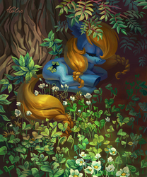 Size: 1771x2125 | Tagged: dead source, safe, artist:holivi, oc, oc only, earth pony, pony, butt, commission, eyes closed, female, leaves, mare, plot, sleeping, solo, tree