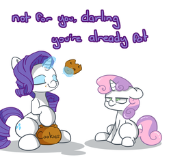 Size: 1500x1437 | Tagged: safe, artist:lou, rarity, sweetie belle, pony, unicorn, g4, cookie, cookie jar, eating, element of generosity, eyes closed, female, filly, food, magic, mare, raribitch, savage, siblings, sister bonding, sisters, sitting, squint, sweetie belle is not amused, telekinesis, this will end in tears and/or death and/or covered in tree sap, unamused
