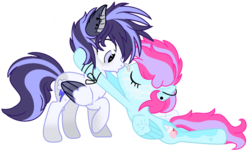 Size: 1024x620 | Tagged: safe, artist:bezziie, oc, oc only, oc:cloudy, oc:strawberry pie, pegasus, pony, base used, female, kissing, male, mare, simple background, stallion, straight, transparent background, two toned wings