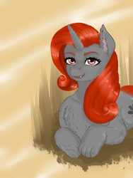 Size: 900x1200 | Tagged: safe, artist:evlass, oc, oc only, oc:emily rcf, dog pony, pony, unicorn, chest fluff, digital art, ear fluff, fluffy, fur, paws, red eyes, red hair, simple background, smiling, solo