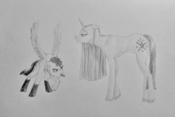 Size: 1280x854 | Tagged: safe, artist:joestick, oc, pegasus, pony, unicorn, coat markings, duo, duo female, female, pencil drawing, simple background, socks (coat markings), tongue out, traditional art