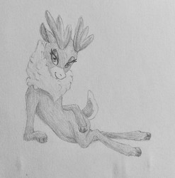 Size: 1194x1209 | Tagged: safe, artist:joestick, velvet (tfh), deer, reindeer, them's fightin' herds, bedroom eyes, cloven hooves, community related, fanart, female, lying, pencil drawing, simple background, solo, tail, traditional art