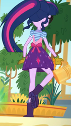 Size: 1242x2208 | Tagged: safe, screencap, sci-twi, twilight sparkle, equestria girls, g4, my little pony equestria girls: better together, my little shop of horrors, apron, boots, celestia's house, clothes, female, glasses, gloves, plants, ponytail, raised leg, rear view, shoes, skirt, solo, tree, watering can