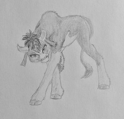 Size: 1280x1227 | Tagged: safe, artist:joestick, arizona (tfh), cow, them's fightin' herds, cloven hooves, community related, fanart, female, handkerchief, horns, pencil drawing, simple background, solo, tail, traditional art