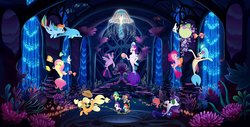 Size: 1777x901 | Tagged: safe, screencap, applejack, fluttershy, jamal, pinkie pie, princess skystar, queen novo, rainbow dash, rarity, spike, twilight sparkle, alicorn, angelfish, bubble fish, butterfly fish, dolphin, fish, jellyfish, octopus, puffer fish, sea pony, seapony (g4), tropical fish, g4, my little pony: the movie, bioluminescent, coral, happy, mane seven, mane six, pearl, queen novo's orb, sea ponies, seaponified, seapony applejack, seapony fluttershy, seapony pinkie pie, seapony rainbow dash, seapony rarity, seapony twilight, seaquestria, species swap, spike the pufferfish, swimming, throne, throne room, twilight sparkle (alicorn), underwater