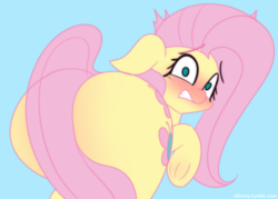 Size: 1924x1380 | Tagged: safe, artist:n0nnny, fluttershy, pegasus, pony, g4, blue background, blushing, butt, embarrassed, female, flutterbutt, looking at you, looking back, looking back at you, mare, plot, raised hoof, simple background, solo, strategically covered, tail censor, the ass was fat, underhoof, wide eyes